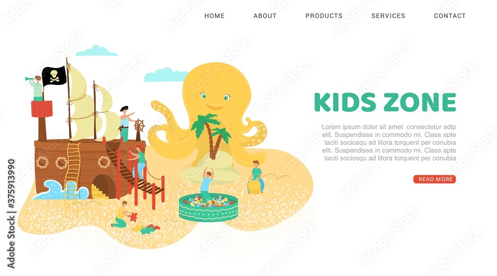 Summer rest, kids zone inscription banner, relaxing in park beach, design cartoon style vector illustration, isolated on white. Entertainment on outdoor, safe playground, happy guys play pirates. Summer rest, kids zone inscription banner, relaxing in park beach, design cartoon style vector illustration, isolated on white. Entertainment on outdoor, safe playground, happy guys play pirates.