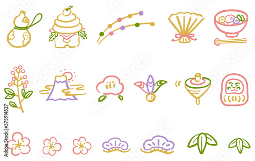 お正月の縁起物　手描き　線画
