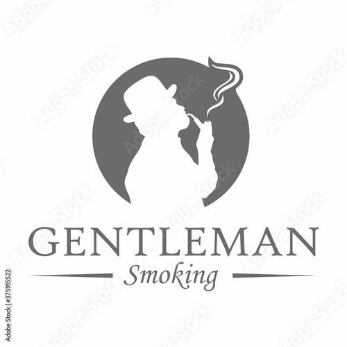 Silhouette of an old man with tobacco pipe on negative space, Classic man logo, Smoking pipe logo template, Gentleman smoking logotype, Vintage man smoking vector design