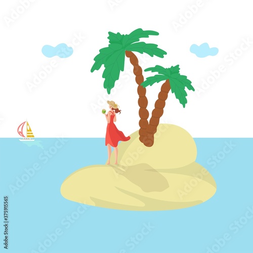 Island woman, vacation summer, sun, attractive sea vacation, holiday dedicate travel, design, cartoon style vector illustration. summertime fun, exotic beauty, tourism lifestyle, glamor resort.