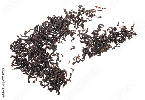 Natural dry black tea leaves isolated on a white background, top view.