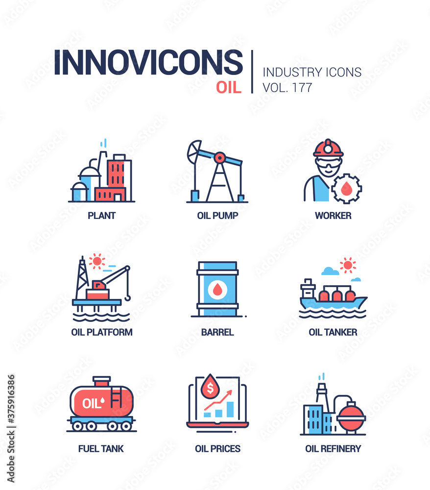 Oil industry - line design style icons set