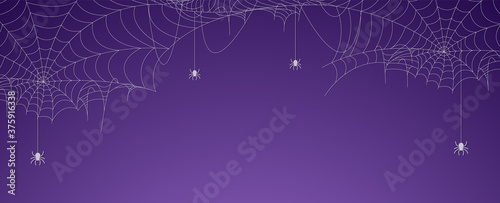 Leinwand Poster Halloween spider web banner with spiders, cobweb background