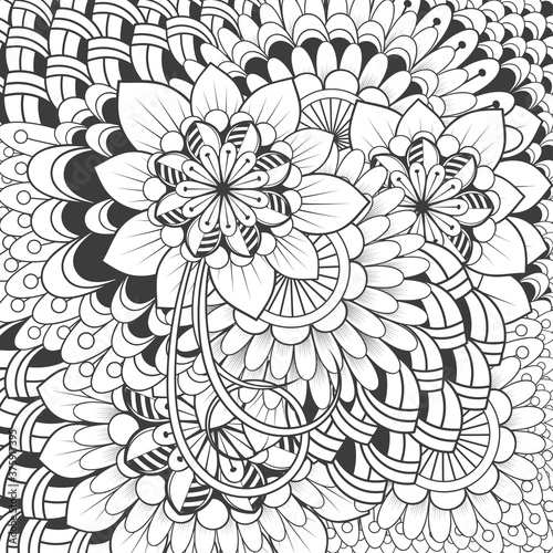 Fototapeta Naklejka Na Ścianę i Meble -  Decorative Doodle flowers in black and white for coloring page, cover or background. Hand drawn sketch for adult anti stress coloring page vector.