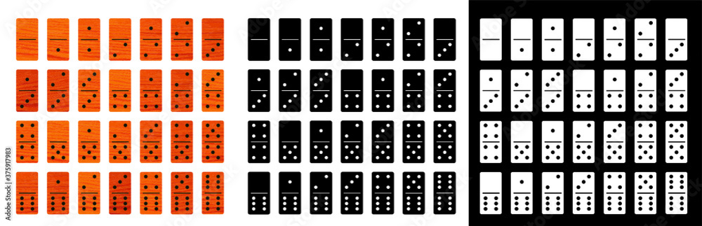 Wooden, black and white domino stone full set in flat design style. dominos pieces signs. Bone of domino card effect. Vector background - obrazy, fototapety, plakaty 