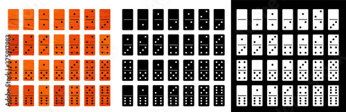Wooden, black and white domino stone full set in flat design style. dominos pieces signs. Bone of domino card effect. Vector background