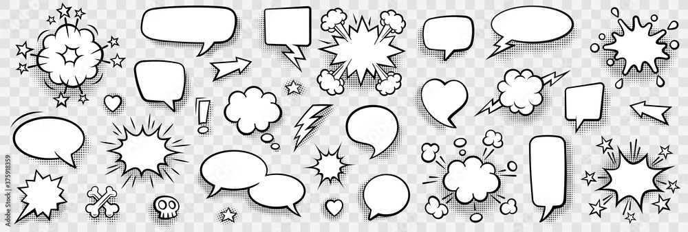 Obraz premium Retro empty comic speech bubbles set with black halftone shadows. Vintage design, pop art style - stock vector