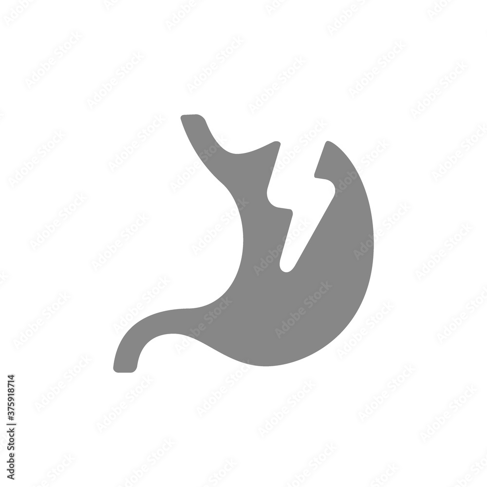 Stomach with acute pain grey icon. Danger of gastrointestinal tract disease symbol Stomach with acute pain grey icon. Danger of gastrointestinal tract disease symbol
