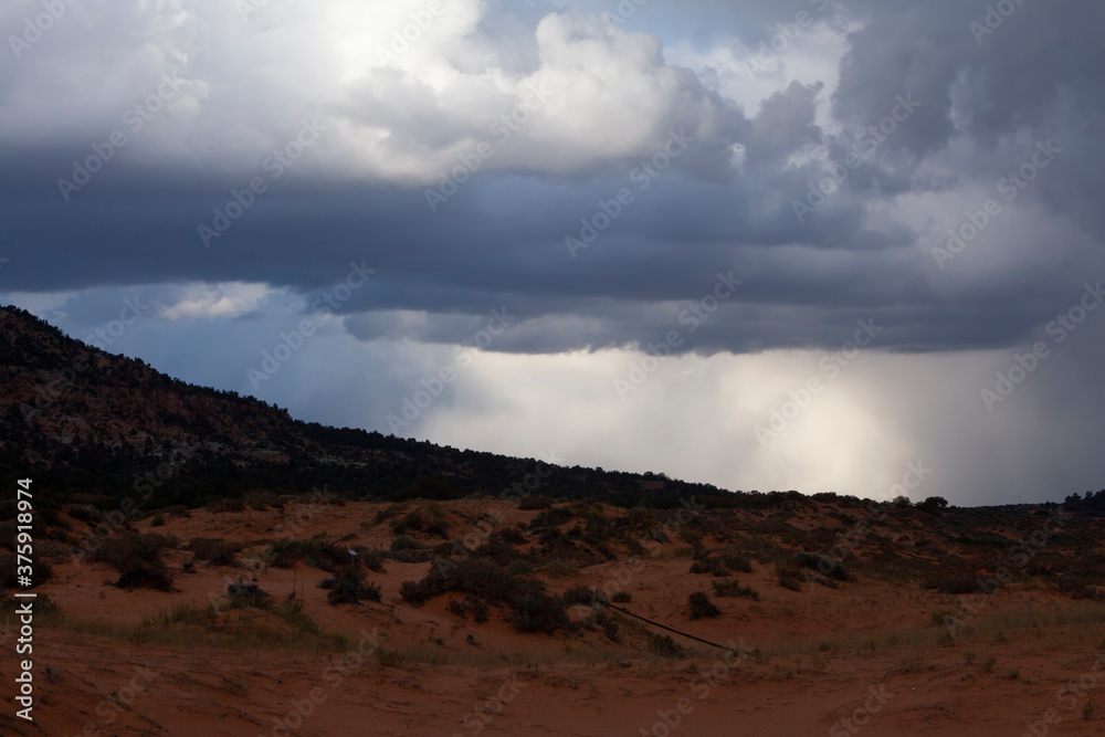 Stormy sky and clouds before sunset above the Coral Pink Sand Dunes State Park near Kanab, Utah, USA Stormy sky and clouds before sunset above the Coral Pink Sand Dunes State Park near Kanab, Utah, USA