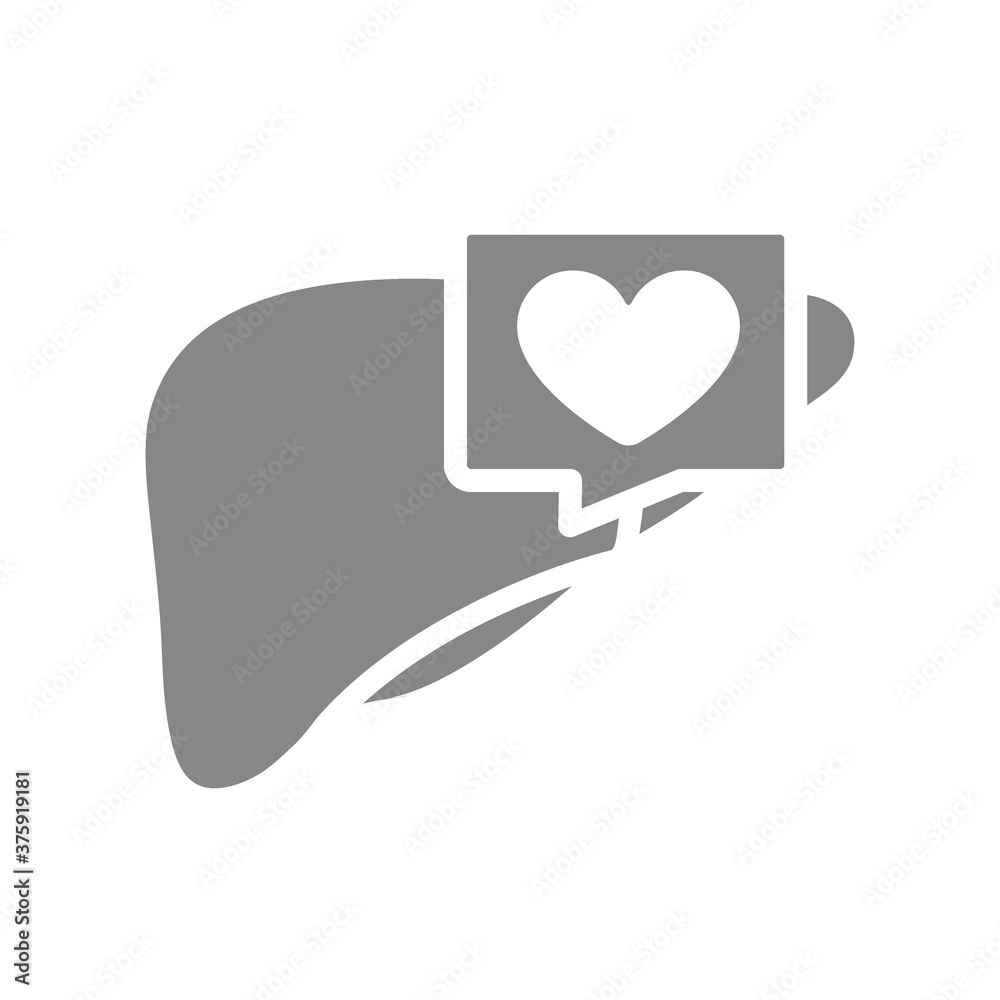 Liver with heart in chat bubble gray icon. Accessory digestive organ symbol Liver with heart in chat bubble gray icon. Accessory digestive organ symbol