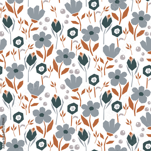 Bold abstract seamless pattern with flowers and leaves on a white background. Blue neutral floral paper cut design print.