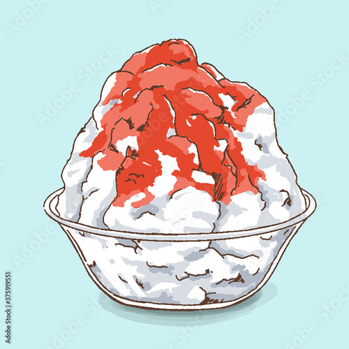 Shaved ice with red fruit juice in a bowl