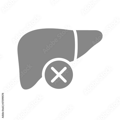 Liver with cross checkmark gray icon. Diseased organ symbol