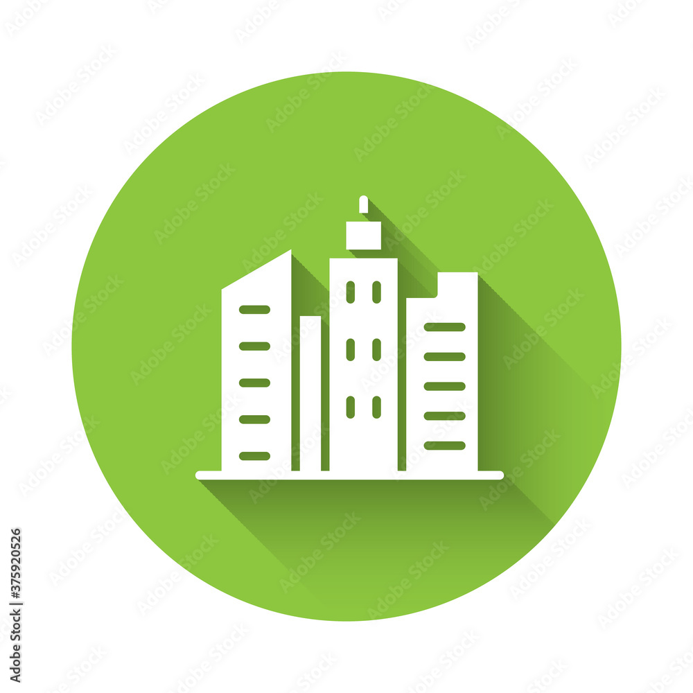 White City landscape icon isolated with long shadow. Metropolis architecture panoramic landscape. Green circle button. Vector Illustration.