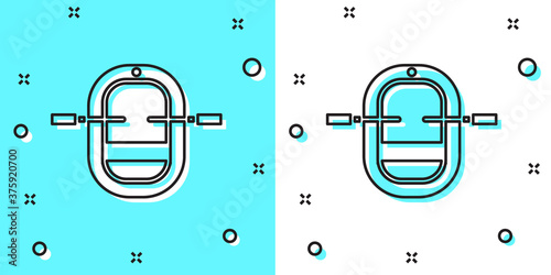 Black line Rafting boat icon isolated on green and white background. Inflatable boat with paddles. Water sports, extreme sports, holiday, vacation. Random dynamic shapes. Vector Illustration.