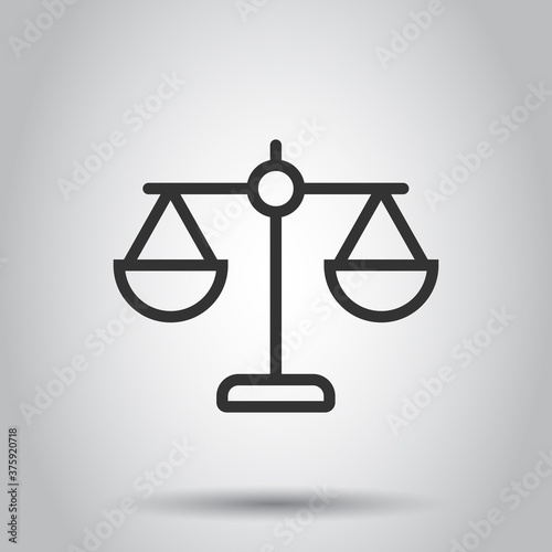 Scale balance icon in flat style. Justice vector illustration on white isolated background. Judgment business concept.