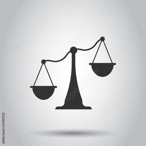 Scale balance icon in flat style. Justice vector illustration on white isolated background. Judgment business concept.