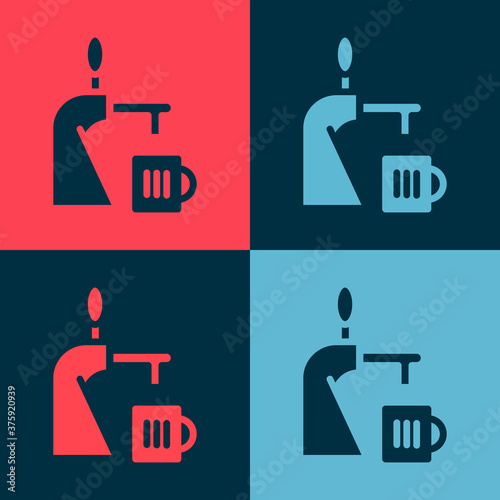 Pop art Beer tap with glass icon isolated on color background. Vector Illustration.