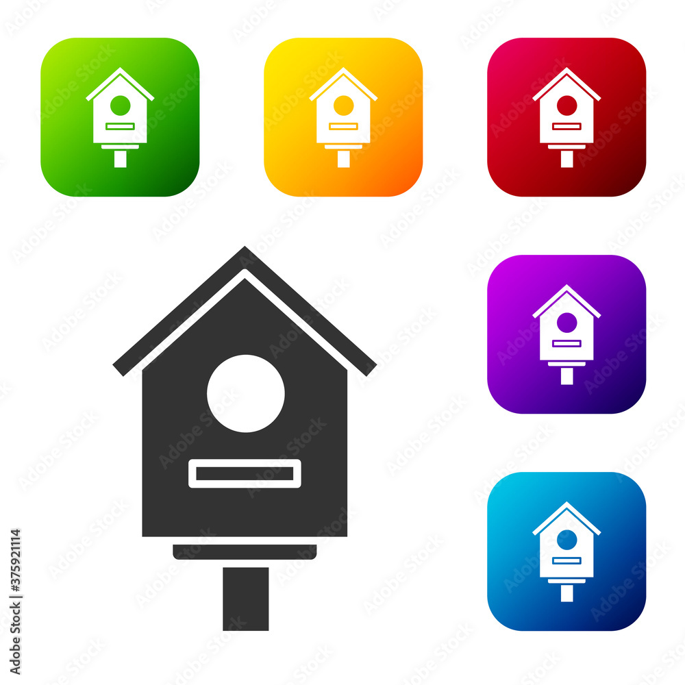 Black Bird house icon isolated on white background. Nesting box birdhouse, homemade building for birds. Set icons in color square buttons. Vector Illustration.
