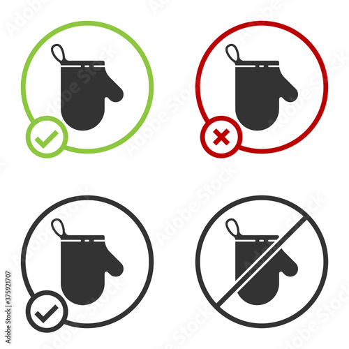 Black Oven glove icon isolated on white background. Kitchen potholder sign. Cooking glove. Circle button. Vector Illustration.
