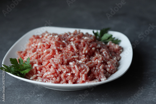 Minced meat in a plate on a dark background