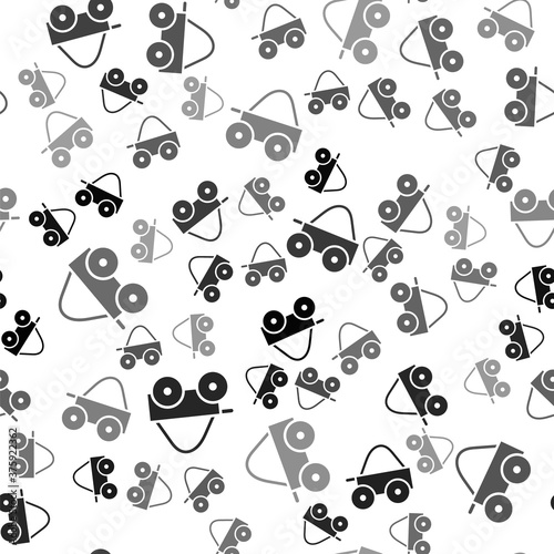 Black Wooden four-wheel cart with hay icon isolated seamless pattern on white background. Vector.