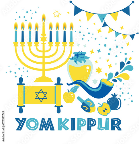 Yom Kippur greeting card with candles, apples and shofar and sybols. Jewish holiday background. Vector illustration on white. Translation in Enhlish of atonement day.