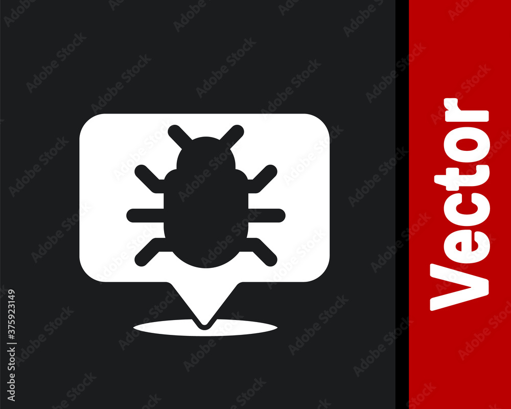 White System bug concept icon isolated on black background. Code bug concept. Bug in the system. Bug searching. Vector. White System bug concept icon isolated on black background. Code bug concept. Bug in the system. Bug searching. Vector.