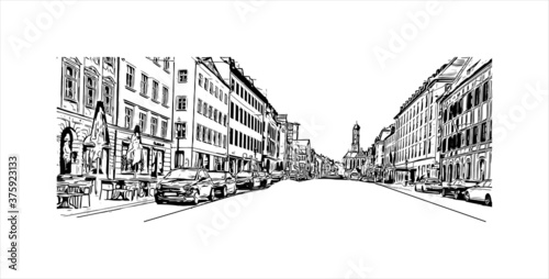 Building view with landmark of Augsburg, Bavaria is one of Germany’s oldest cities. Hand drawn sketch illustration in vector.