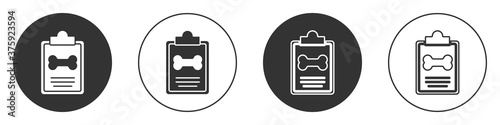 Black Clipboard with medical clinical record pet icon isolated on white background. Health insurance form. Medical check marks report. Circle button. Vector.