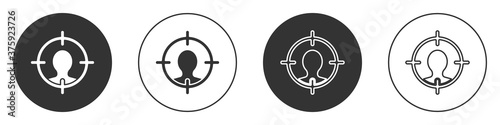 Black Head hunting icon isolated on white background. Business target or Employment sign. Human resource and recruitment for business. Circle button. Vector.