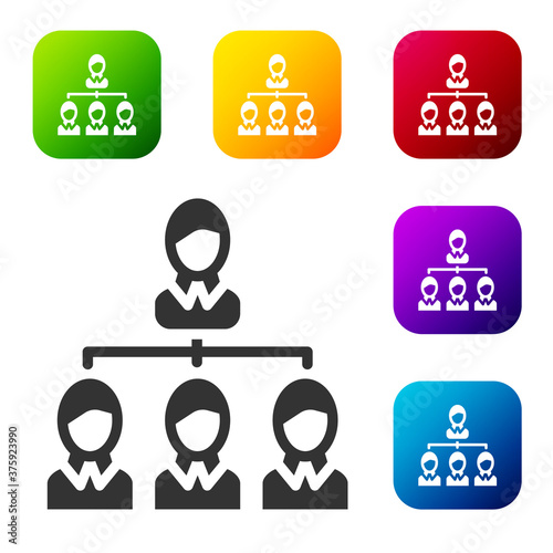 Black Business hierarchy organogram chart infographics icon isolated on white background. Corporate organizational structure graphic elements. Set icons in color square buttons. Vector.