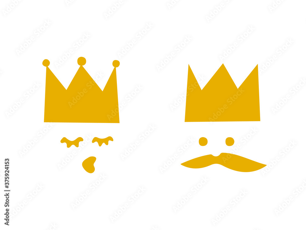 King and queen. Vector characters. Logo template. Doodle character. Face image. Children's book. Heroes of the children's book. Tale characters. Person avatar.