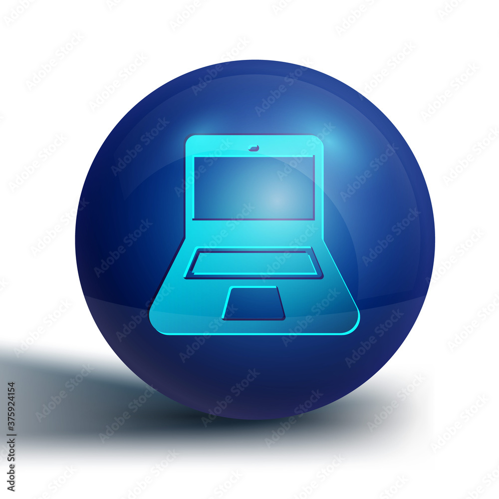 Blue Laptop icon isolated on white background. Computer notebook with empty screen sign. Blue circle button. Vector. Blue Laptop icon isolated on white background. Computer notebook with empty screen sign. Blue circle button. Vector.