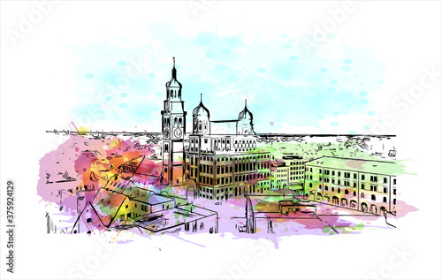 Building view with landmark of Augsburg, Bavaria is one of Germany’s oldest cities. Watercolor splash with hand drawn sketch illustration in vector.