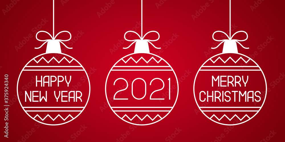 Hanging Christmas balls on red gradient background. Vector illustration.