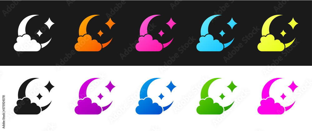 Set Cloud with moon icon isolated on black and white background. Cloudy night sign. Sleep dreams symbol. Night or bed time sign. Vector.