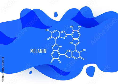 Melanin structural chemical formula with blue liquid fluid gradient shape with copy space on white background