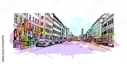 Building view with landmark of Augsburg, Bavaria is one of Germany’s oldest cities. Watercolor splash with hand drawn sketch illustration in vector.