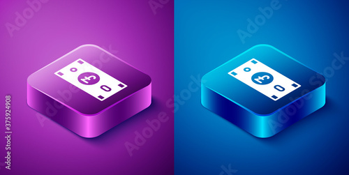 Isometric Pound sterling money icon isolated on blue and purple background. Pound GBP currency symbol. Square button. Vector.