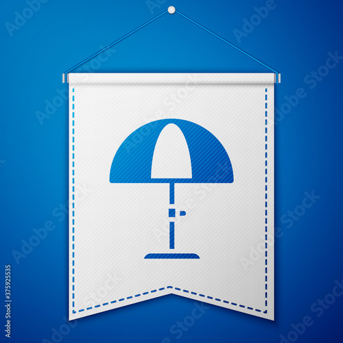 Blue Sun protective umbrella for beach icon isolated on blue background. Large parasol for outdoor space. Beach umbrella. White pennant template. Vector.