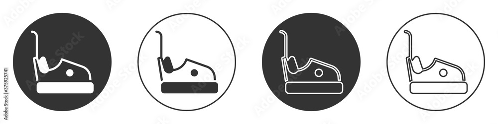 Black Bumper car icon isolated on white background. Amusement park. Childrens entertainment playground, recreation park. Circle button. Vector. Black Bumper car icon isolated on white background. Amusement park. Childrens entertainment playground, recreation park. Circle button. Vector.
