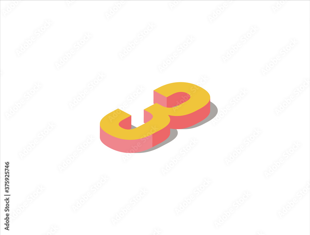 Concept of be the third one, third birthday, third place, losing. Isometric illustration of the number three. Pastel orange and red colored. White background. Isolated