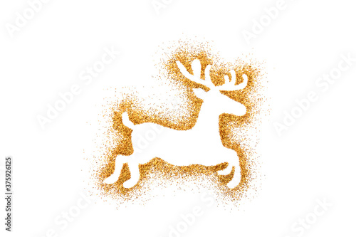 Reindeer Christmas decoration on golden glitter isolated on white background