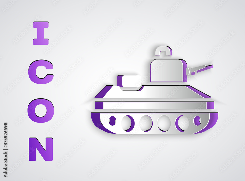 Paper cut Military tank icon isolated on grey background. Paper art style. Vector. Paper cut Military tank icon isolated on grey background. Paper art style. Vector.