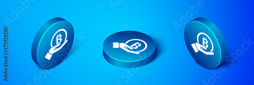 Isometric Hand holding Bitcoin icon isolated on blue background. Blockchain technology, digital money market, cryptocoin wallet. Blue circle button. Vector.