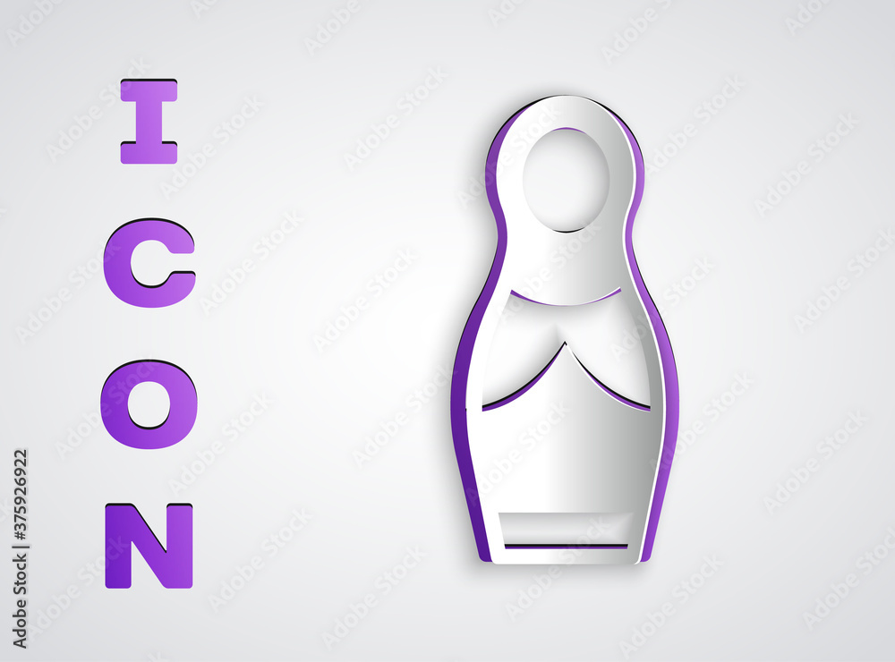 Paper cut Russian doll matryoshka icon isolated on grey background. Paper art style. Vector. Paper cut Russian doll matryoshka icon isolated on grey background. Paper art style. Vector.