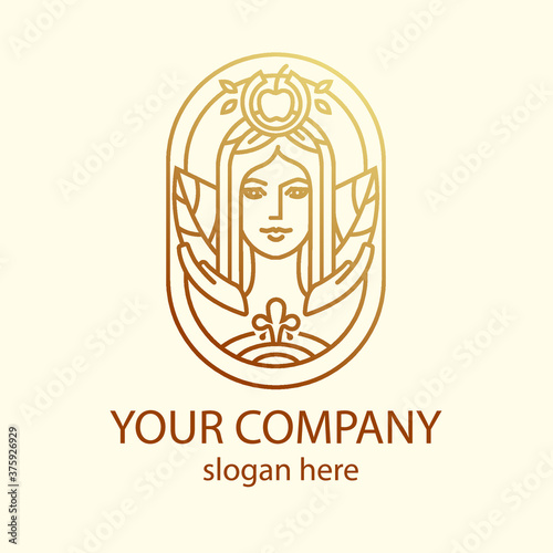 Vector apple wine logo. Apple Cider logo. Logo woman. Portrait of a woman. Goddess logo.
