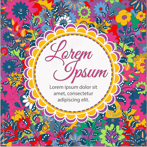 Template with bright folk floral ornament, vector illustration