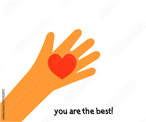Human hand and heart on a white background. Heart in the palm of your hand. Symbol. Vector illustration.